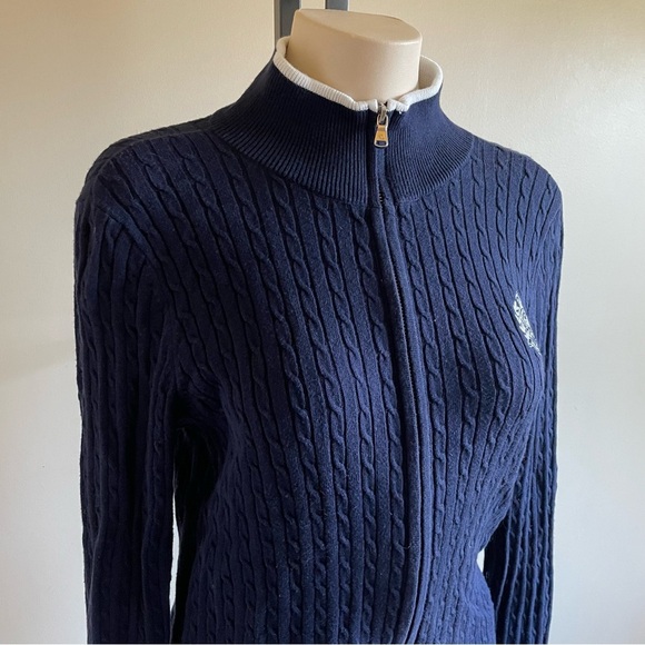 Ralph Lauren Crest Zip Up Sweater Cable Knit Navy Blue Preppy Acadamia Prep - Picture 5 of 9